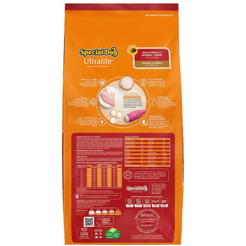 Ração Special Dog Ultralife Junior Cães Filhotes Porte Médio e Grande Frango e Arroz 15kg