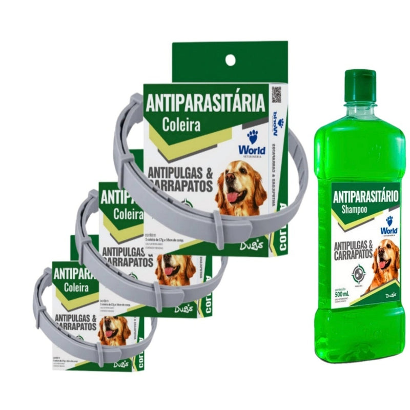 Kit 1 Shampoo 500Ml + 3 Coleiras Dugs para Cães 17g c/ 56cm- World Veterinária