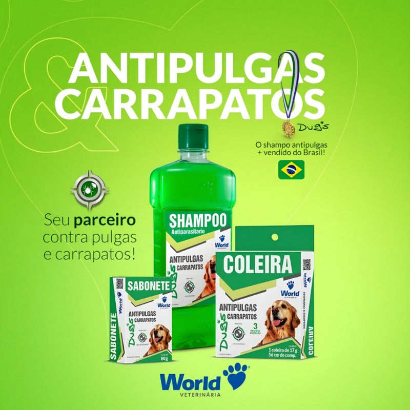 Kit 1 Shampoo 500Ml + 3 Coleiras Dugs para Cães 17g c/ 56cm- World Veterinária
